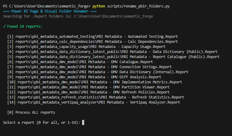 Running the script and selecting a report